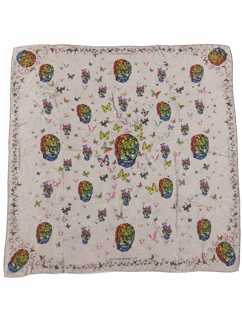 Alexander McQueen Butterfly Skull 100% Silk Scarf Grey Multicolor